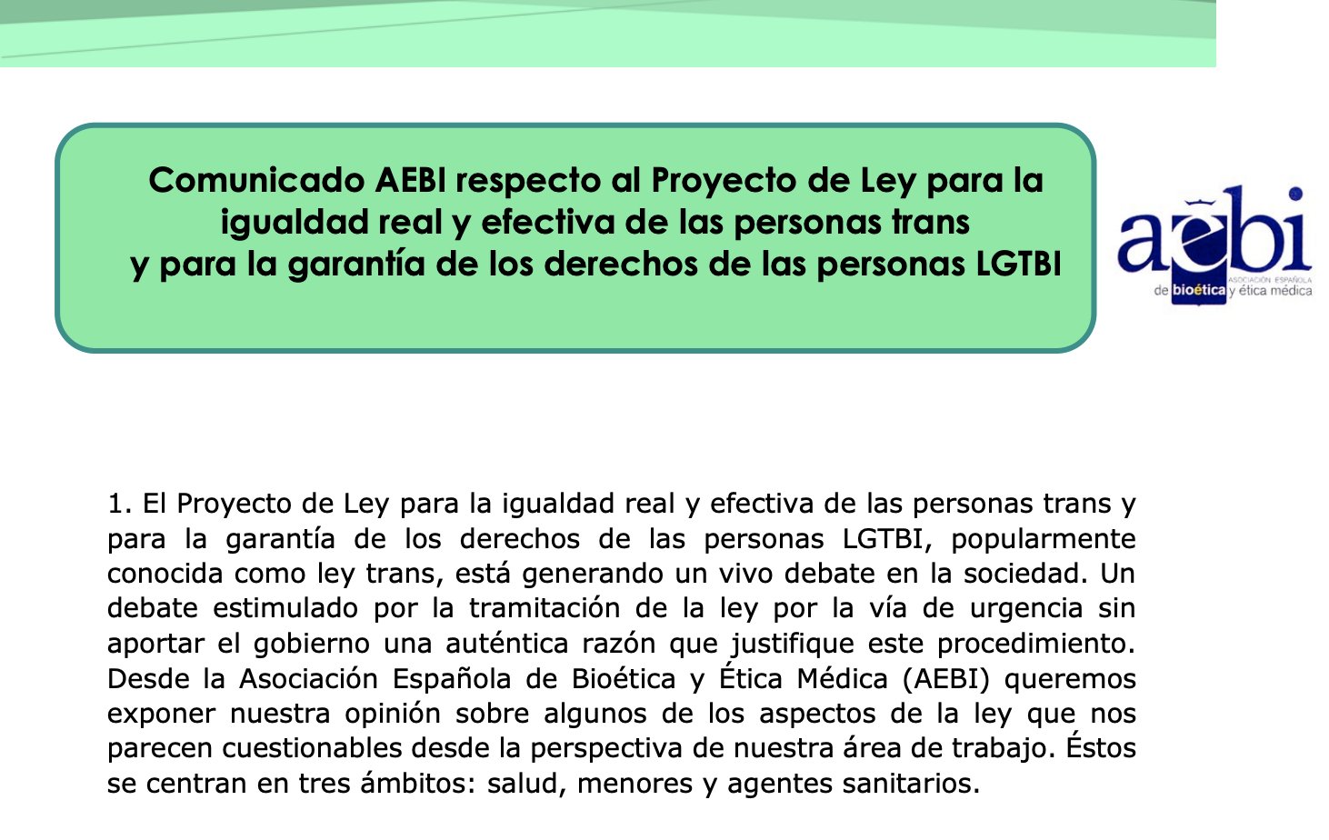 Comunicado AEBI sobre el Proyecto de Ley para las personas trans y los derechos de las personas LGTBI